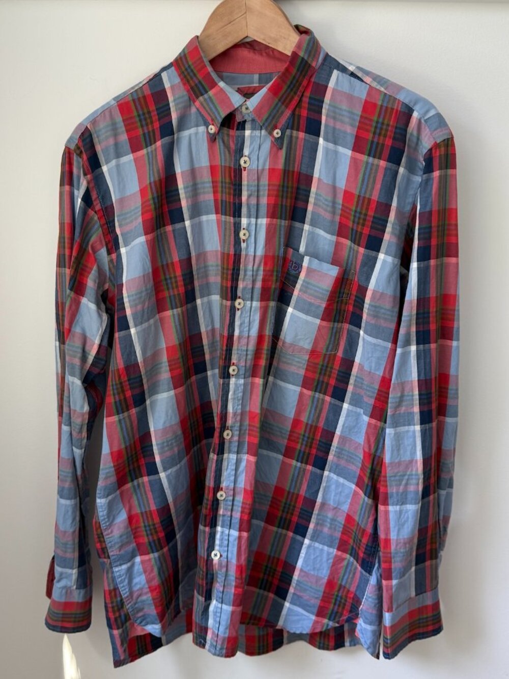 BUGATTI Men's Plaid Button Down Shirt Long Sleeve Cotton Pocket Size XL